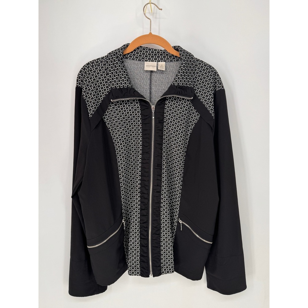 Zenergy Full Zip Jacket Womens 3 (XL) Black Geometric Ruffle Trim Pockets